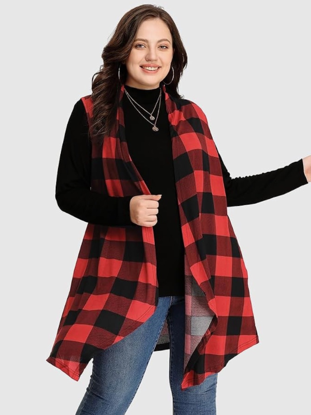 Red Buffalo Plaid Open-Front Sleeveless Vest/Cardigan NEW L/XL